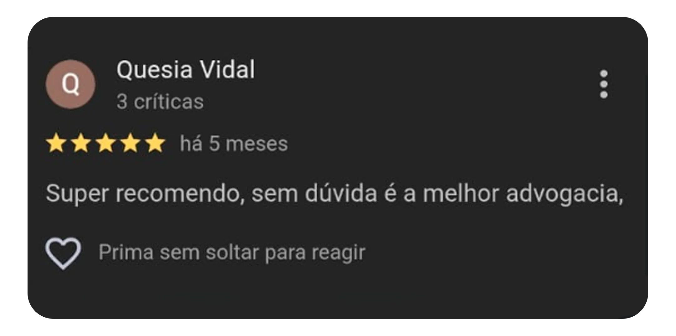 Depoimento de cliente no Google - avaliação 5